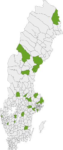 Karta över Sveriges kommuner med 24 kommuner markerade